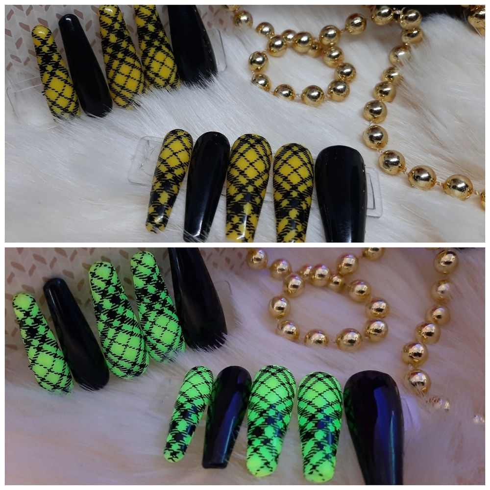 GLOW IN THE DARK PLAID PRESS ON NAILS MEDIUM